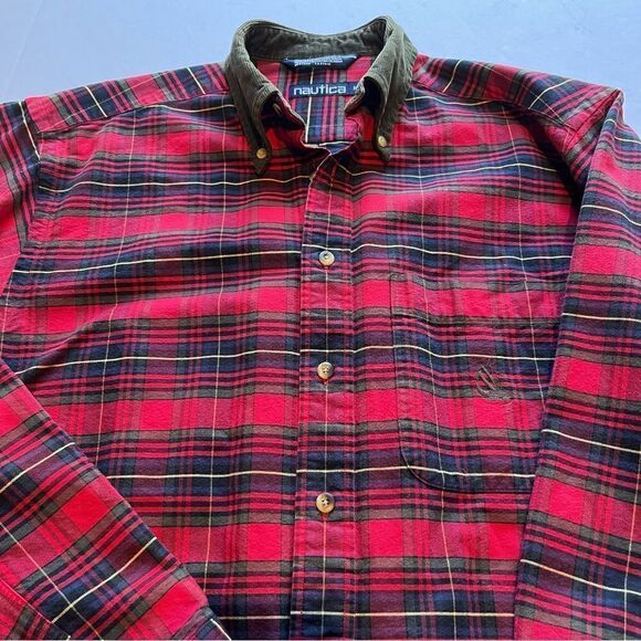 Nautica Men's Button Down Cotton Long Sleeve Shirt Red/Green/Blue Plaid Medium - Picture 5 of 10